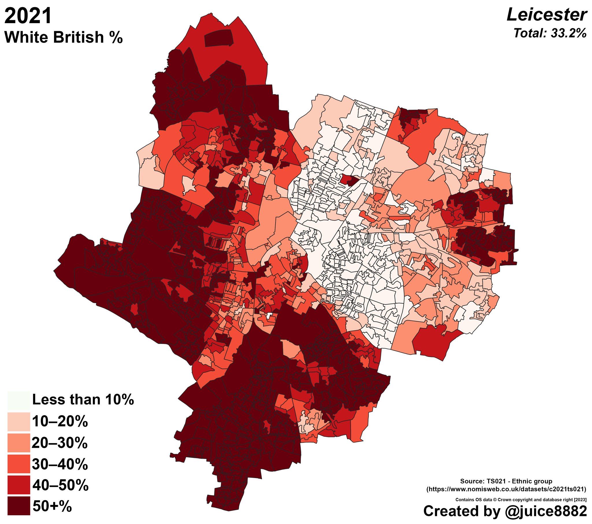 Map of Leicester neighbourhoods shaded by White British share in the 2021 Census